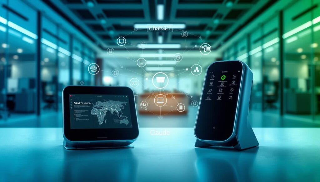 A visually striking comparison image illustrating the features of ChatGPT and Claude. In the foreground, feature two sleek, futuristic devices representing ChatGPT and Claude, each emitting a soft glow to signify their capabilities. The middle ground showcases connected network lines and digital icons symbolizing the unique features of both platforms, such as user-friendly interfaces and advanced AI analytics. The background features a smart office environment with a modern aesthetic, lit by soft, diffused lighting to create a professional atmosphere. The perspective should be slightly upward, emphasizing the devices as the focal points, with a subtle gradient transitioning from blue to green to reflect innovation and technology. No text or overlays are included, ensuring a clean and focused visual representation.