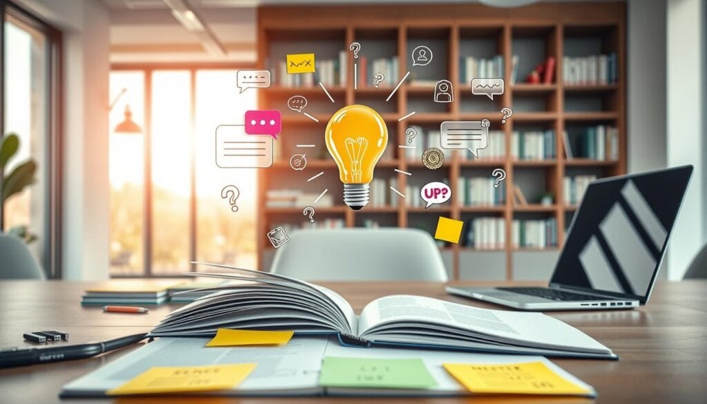 A visually striking composition representing "key elements of a good prompt" within a modern, professional workspace. The foreground features a stylishly designed desk with an open notebook, a laptop, and various colorful sticky notes illustrating brainstorming ideas. In the middle, a light bulb symbolizes creativity and innovative thinking, surrounded by digital icons of communication, such as chat bubbles and question marks. The background includes a large window with sunlight streaming in, creating a warm and inviting atmosphere. A sleek, minimalistic bookshelf can be seen, filled with professional development books. The overall mood should be inspiring and motivating, capturing the essence of effective communication and clarity in prompts, with soft natural lighting and a clean, focused depth of field. A visually striking composition representing "key elements of a good prompt" within a modern, professional workspace. The foreground features a stylishly designed desk with an open notebook, a laptop, and various colorful sticky notes illustrating brainstorming ideas. In the middle, a light bulb symbolizes creativity and innovative thinking, surrounded by digital icons of communication, such as chat bubbles and question marks. The background includes a large window with sunlight streaming in, creating a warm and inviting atmosphere. A sleek, minimalistic bookshelf can be seen, filled with professional development books. The overall mood should be inspiring and motivating, capturing the essence of effective communication and clarity in prompts, with soft natural lighting and a clean, focused depth of field.