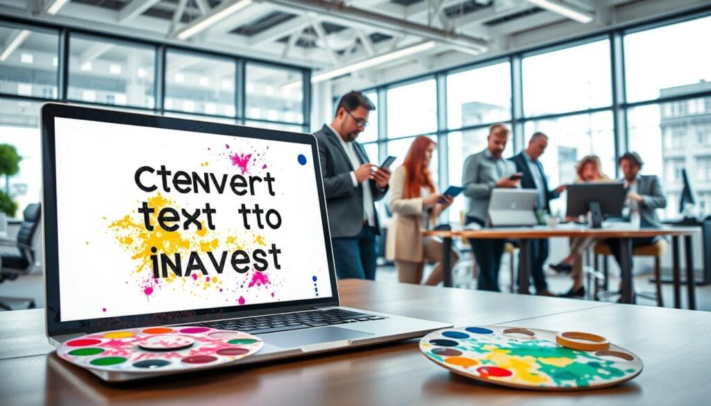 A visually striking image showcasing the concept of converting text to images, depicting a creative workspace. In the foreground, a sleek laptop displays a text-to-image application in action, with vivid graphics emerging from the screen. Beside the laptop, an artist's palette filled with vibrant colors symbolizes creativity. The middle ground features a diverse group of professionals, dressed in business attire, engaging with various devices—tablets, smartphones, and desktop computers—collaborating on converting text to visuals. The background presents a modern office environment with large windows allowing natural light to flood in, enhancing the innovative atmosphere. The overall mood is dynamic and inspiring, reflecting the fusion of technology and creativity. The composition is well-balanced, emphasizing both human interaction and technological advancement. A visually striking image showcasing the concept of converting text to images, depicting a creative workspace. In the foreground, a sleek laptop displays a text-to-image application in action, with vivid graphics emerging from the screen. Beside the laptop, an artist's palette filled with vibrant colors symbolizes creativity. The middle ground features a diverse group of professionals, dressed in business attire, engaging with various devices—tablets, smartphones, and desktop computers—collaborating on converting text to visuals. The background presents a modern office environment with large windows allowing natural light to flood in, enhancing the innovative atmosphere. The overall mood is dynamic and inspiring, reflecting the fusion of technology and creativity. The composition is well-balanced, emphasizing both human interaction and technological advancement.