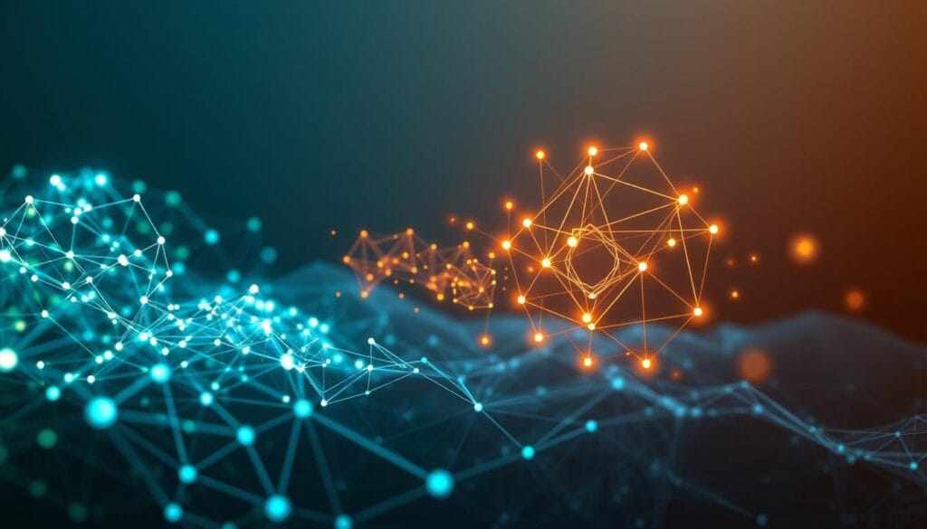A visually striking representation of the relationship between data and algorithms. In the foreground, a large, intricate network of interconnected data points and nodes glows with soft blue and green light, symbolizing the flow of information. The middle ground features abstract representations of algorithms, designed as geometric shapes and patterns, dynamically merging with the data network, highlighted by warm orange and yellow tones. In the background, a digital landscape with subtle circuit patterns fades into a deep navy, invoking a sense of depth and complexity. The lighting is ethereal, creating a sense of innovation and clarity. The mood is contemplative and inspiring, reflecting the synergy between data and algorithms as foundational elements of artificial intelligence. A visually striking representation of the relationship between data and algorithms. In the foreground, a large, intricate network of interconnected data points and nodes glows with soft blue and green light, symbolizing the flow of information. The middle ground features abstract representations of algorithms, designed as geometric shapes and patterns, dynamically merging with the data network, highlighted by warm orange and yellow tones. In the background, a digital landscape with subtle circuit patterns fades into a deep navy, invoking a sense of depth and complexity. The lighting is ethereal, creating a sense of innovation and clarity. The mood is contemplative and inspiring, reflecting the synergy between data and algorithms as foundational elements of artificial intelligence.