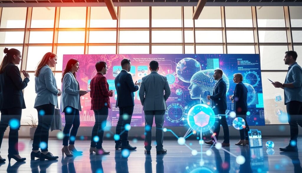 A visually striking representation of "تطبيقات النماذج التوليدية" in artificial intelligence. In the foreground, display diverse professionals collaborating around a large digital screen showcasing vibrant data visualizations and generative models. In the middle ground, include advanced technology such as holograms and AI-generated art that signify creativity and innovation. The background features a modern office environment, with large windows letting in soft, natural light, creating an inspiring atmosphere. Use a wide-angle lens perspective to emphasize the teamwork and interaction among the individuals, who are dressed in professional business attire. The overall mood should be one of creativity, collaboration, and forward-thinking, capturing the transformative impact of generative models across various fields.