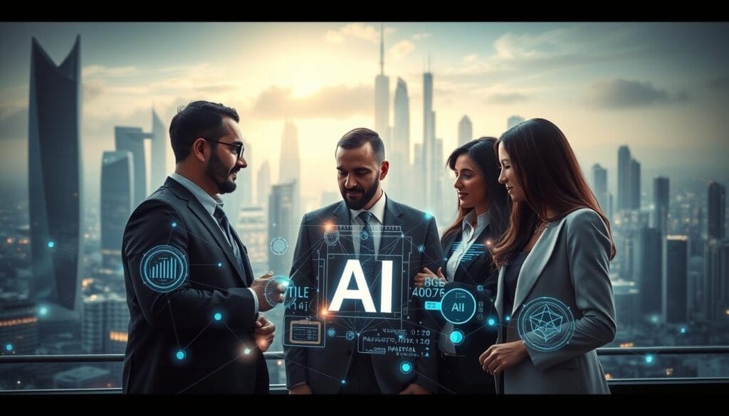 A visually striking scene illustrating the concept of artificial intelligence, featuring a sleek futuristic cityscape in the background, symbolizing technological advancement in the Arab world. In the foreground, a diverse group of professionals—men and women in smart business attire, engaged in a collaborative discussion over a holographic display of AI data and algorithms. The image is lit by soft, ambient lighting, with bright highlights on the holograms creating a sense of innovation. Clouds of digital patterns surround the city, suggesting interconnectedness and the vast potential of AI. The mood is optimistic and forward-looking, highlighting the role of AI in enhancing business and daily life in the Arab region. The composition should have a cinematic angle, emphasizing the dynamic interaction between people and technology. A visually striking scene illustrating the concept of artificial intelligence, featuring a sleek futuristic cityscape in the background, symbolizing technological advancement in the Arab world. In the foreground, a diverse group of professionals—men and women in smart business attire, engaged in a collaborative discussion over a holographic display of AI data and algorithms. The image is lit by soft, ambient lighting, with bright highlights on the holograms creating a sense of innovation. Clouds of digital patterns surround the city, suggesting interconnectedness and the vast potential of AI. The mood is optimistic and forward-looking, highlighting the role of AI in enhancing business and daily life in the Arab region. The composition should have a cinematic angle, emphasizing the dynamic interaction between people and technology.
