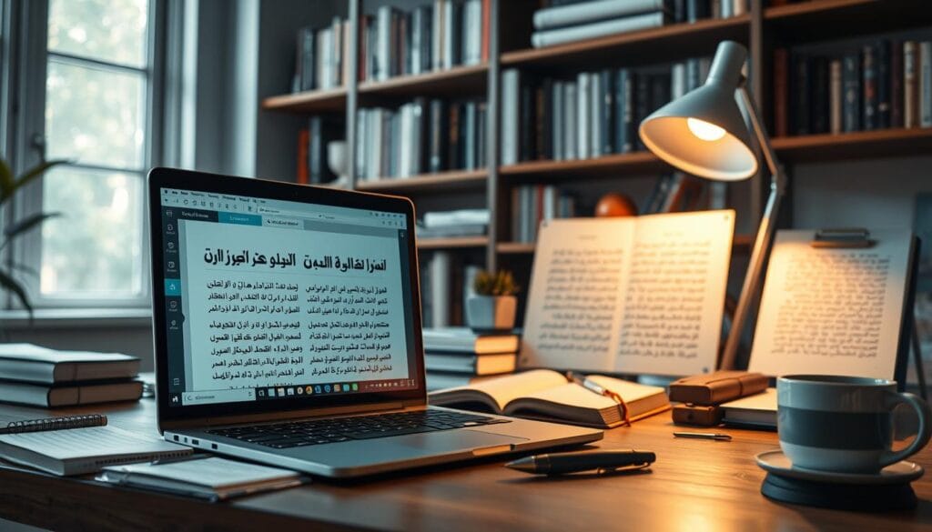 A visually striking workspace scene featuring a high-end text editor interface on a sleek computer screen. In the foreground, a modern laptop is open, displaying vibrant document templates with beautifully formatted Arabic text. The middle layer includes a stylish desk cluttered with professional writing tools such as notebooks, a fountain pen, and a cup of coffee, suggesting an engaged writer. In the background, a well-organized bookshelf filled with books on writing and creativity, the soft glow of a desk lamp illuminating the scene, casts gentle shadows enhancing the focus on the workspace. The mood is inspiring and productive, ideal for showcasing the importance of premium text editing software for professional content creation. Natural light from a nearby window adds warmth to the ambiance.