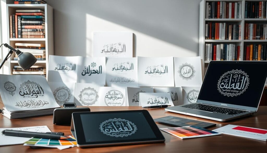 A well-organized workspace showcasing professional Arabic logo design tools. In the foreground, a sleek designer's desk holds a digital tablet with a stylus, color swatches with deep, rich hues, and a laptop displaying an intricate logo design in progress. The middle ground features artistic sketches of various logo concepts, intricately detailed with cultural motifs and patterns. In the background, shelves filled with design books on typography and color theory create a scholarly atmosphere. Soft, natural lighting filters through a nearby window, casting gentle shadows, enhancing the creative vibe. The overall mood is inspiring and collaborative, inviting viewers to explore the art of Arabic logo design.