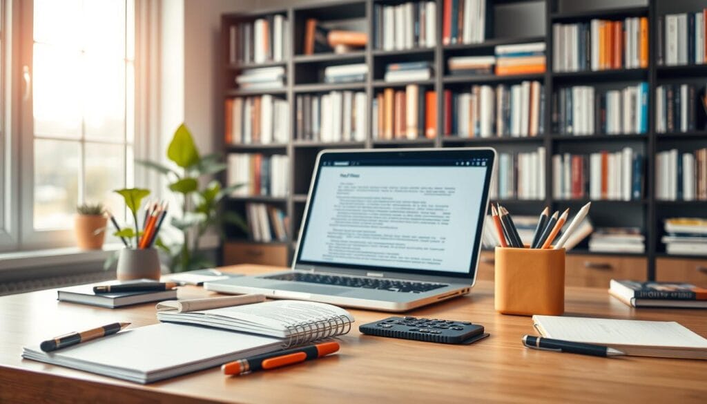 A well-organized workspace showcasing the concept of "choosing the right tools" for effective content rewriting. In the foreground, a sleek desk with an array of modern, high-quality writing tools: pens, notebooks, and a laptop displaying a vibrant, open document. In the middle ground, a large window bathes the scene in soft, natural light, adding warmth and focus. Behind the desk, a bookshelf filled with reference books on writing and creativity, suggesting a hub of knowledge. An aura of productivity and creativity fills the atmosphere. The scene should be captured from a slightly elevated angle, emphasizing the desk's contents. Aim for a clear, crisp environment that embodies professionalism and inspiration, with no people present, ensuring a clean and inviting workspace.