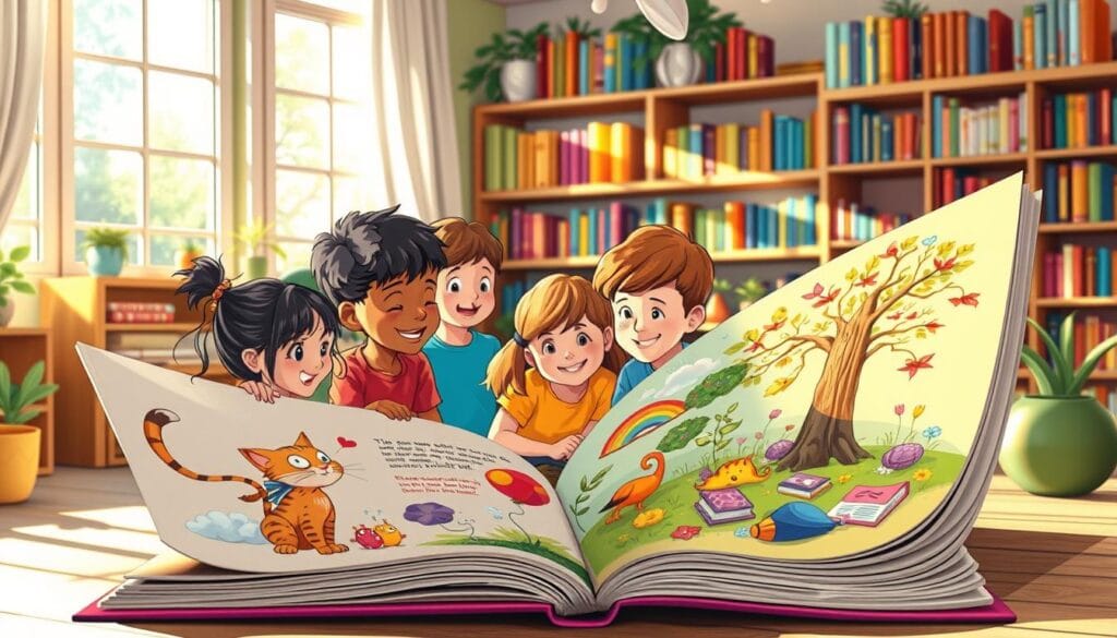A whimsical, colorful illustration depicting the concept of "prompts for children's storytelling." In the foreground, a large, open storybook with vibrant illustrations of playful characters like a talking cat and a magical tree, inviting young readers. In the middle ground, a diverse group of children, aged 5-10, gathered around the book, their expressions filled with curiosity and wonder as they share ideas and laugh together, wearing bright, casual clothing. In the background, a cozy, imaginative room with shelves filled with books, soft lighting creating a warm atmosphere. Sunlight streams through a window, casting gentle shadows, enhancing the joyful, creative mood of the scene. A focus on engagement and inspiration, highlighting the magic of storytelling for kids. A whimsical, colorful illustration depicting the concept of "prompts for children's storytelling." In the foreground, a large, open storybook with vibrant illustrations of playful characters like a talking cat and a magical tree, inviting young readers. In the middle ground, a diverse group of children, aged 5-10, gathered around the book, their expressions filled with curiosity and wonder as they share ideas and laugh together, wearing bright, casual clothing. In the background, a cozy, imaginative room with shelves filled with books, soft lighting creating a warm atmosphere. Sunlight streams through a window, casting gentle shadows, enhancing the joyful, creative mood of the scene. A focus on engagement and inspiration, highlighting the magic of storytelling for kids.