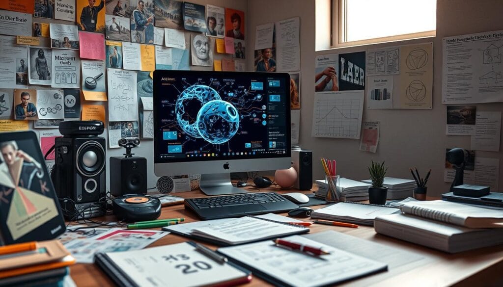 An abstract representation of "image prompt engineering" featuring a creative workspace. In the foreground, a professional desk cluttered with high-tech gadgets, notebooks filled with sketches, and vibrant concept art. In the middle, a computer screen displaying an impressive AI-generated image, surrounded by colorful mood boards and post-it notes with brainstorming ideas. The background features a wall of inspirational images and diagrams about effective prompt construction. Soft, natural lighting filters through a nearby window, casting a warm glow on the workspace, creating an inviting atmosphere. The overall mood should convey creativity, focus, and innovation, illustrating the fusion of technology and art in image generation. The scene should evoke a sense of productivity and inspiration. An abstract representation of "image prompt engineering" featuring a creative workspace. In the foreground, a professional desk cluttered with high-tech gadgets, notebooks filled with sketches, and vibrant concept art. In the middle, a computer screen displaying an impressive AI-generated image, surrounded by colorful mood boards and post-it notes with brainstorming ideas. The background features a wall of inspirational images and diagrams about effective prompt construction. Soft, natural lighting filters through a nearby window, casting a warm glow on the workspace, creating an inviting atmosphere. The overall mood should convey creativity, focus, and innovation, illustrating the fusion of technology and art in image generation. The scene should evoke a sense of productivity and inspiration.