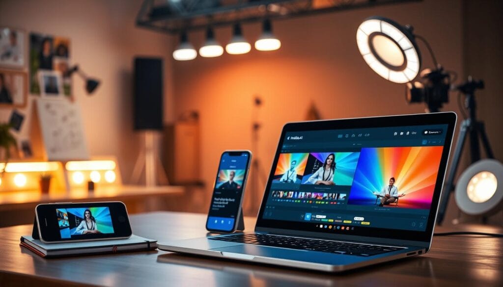 An artistic representation of a digital workspace showcasing InVideo AI and CapCut. In the foreground, a sleek laptop displays vibrant editing interfaces from both tools, with colorful video thumbnails and intuitive editing options visible. To the side, a smartphone is propped up, showcasing a preview of a short video being created. In the middle ground, a modern desk with a notepad and stylus reflects a creative brainstorming atmosphere, surrounded by bright LED lights that add a dynamic feel. The background features a soft-focus creative studio environment, adorned with equipment like a ring light and camera. The lighting is bright and inviting, casting a warm glow that enhances the tech-savvy, innovative mood of the scene, suggesting collaboration and the excitement of creating impactful video content from scripts or ideas.